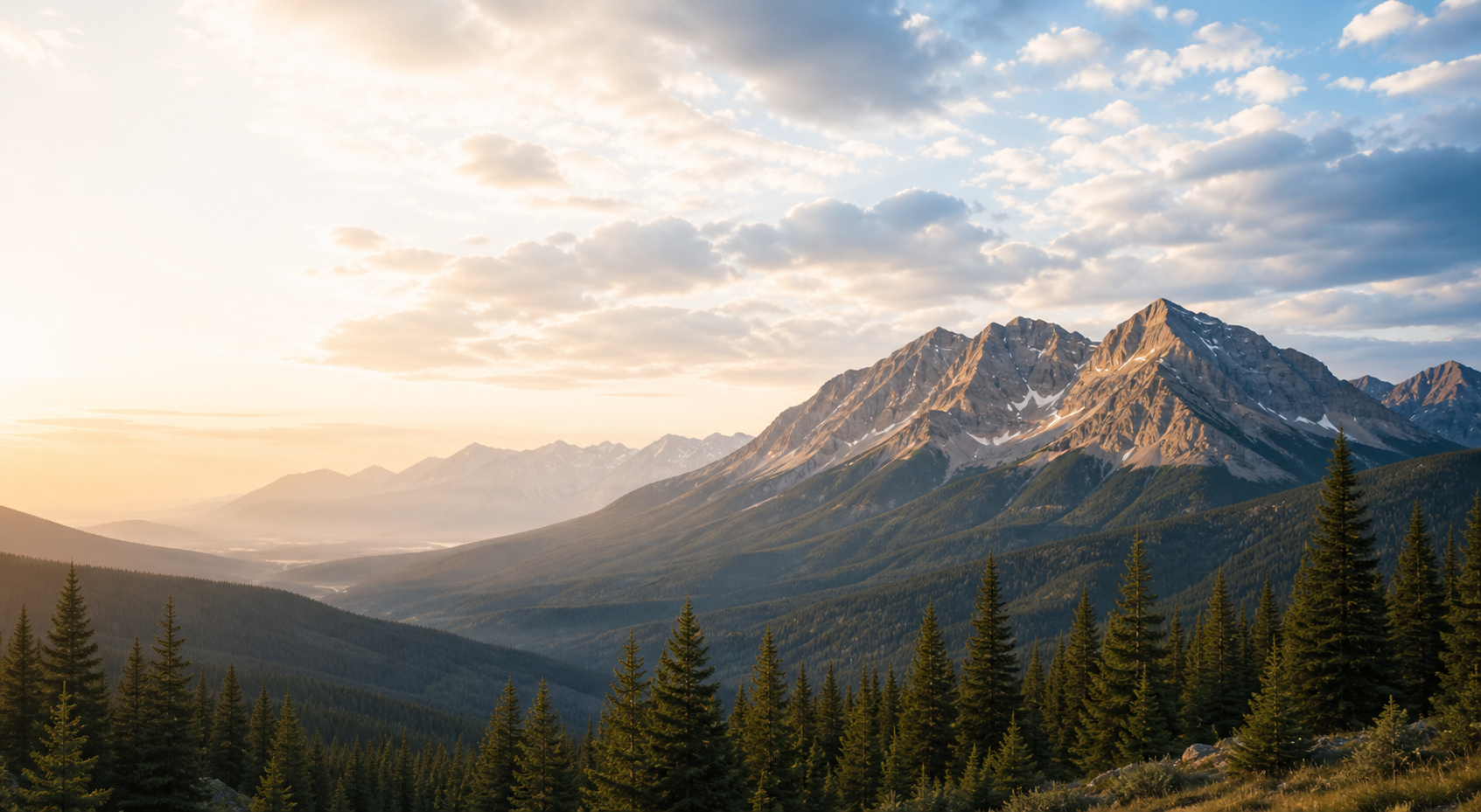 Sunrise clouds over a Montana mountain valley and pine forest
